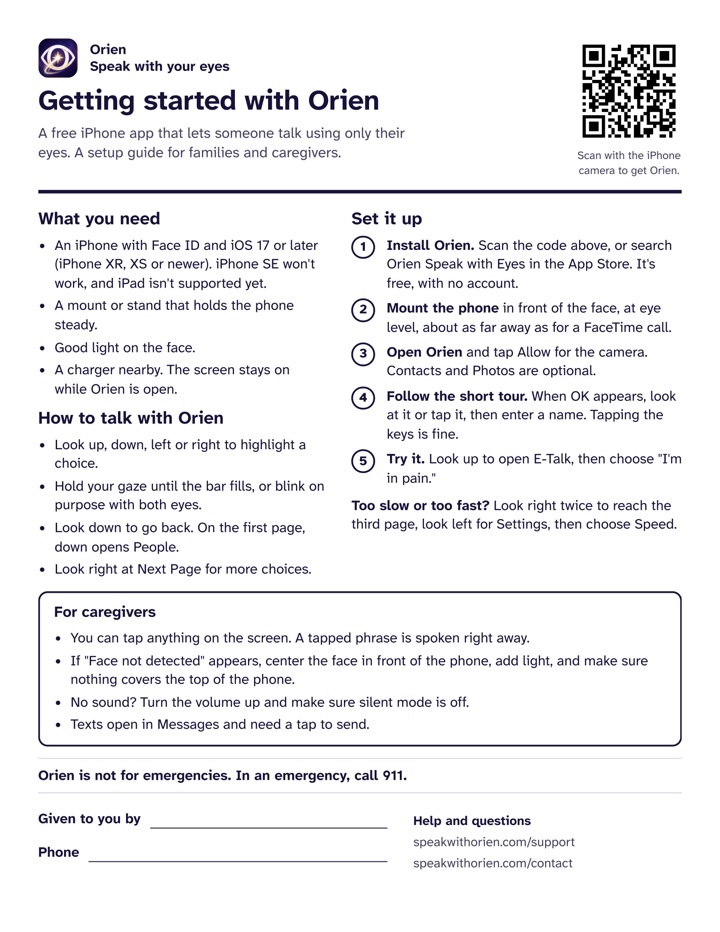 The one page Orien setup guide: what you need, five setup steps, tips for caregivers, and a line to write your name and number.