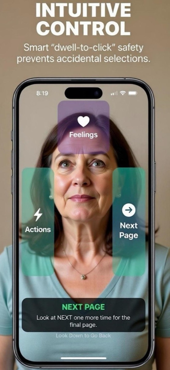 A woman using Orien, with Feelings, Actions and Next Page buttons over the camera view.