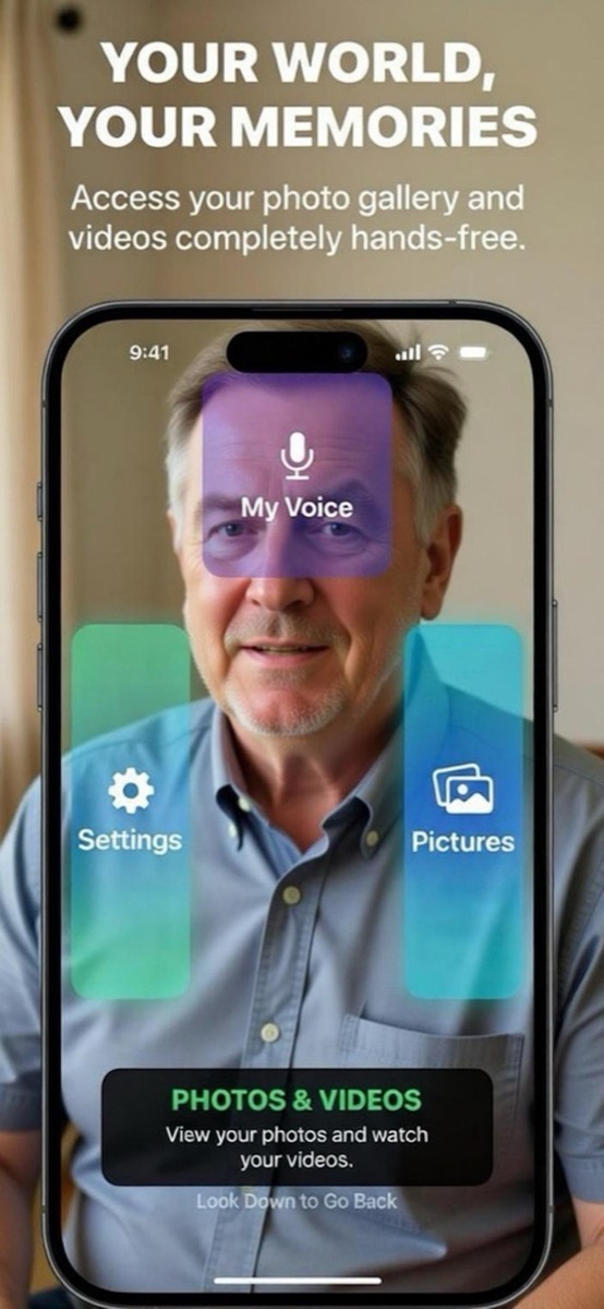 A man using Orien, with My Voice, Settings and Pictures buttons over the camera view.